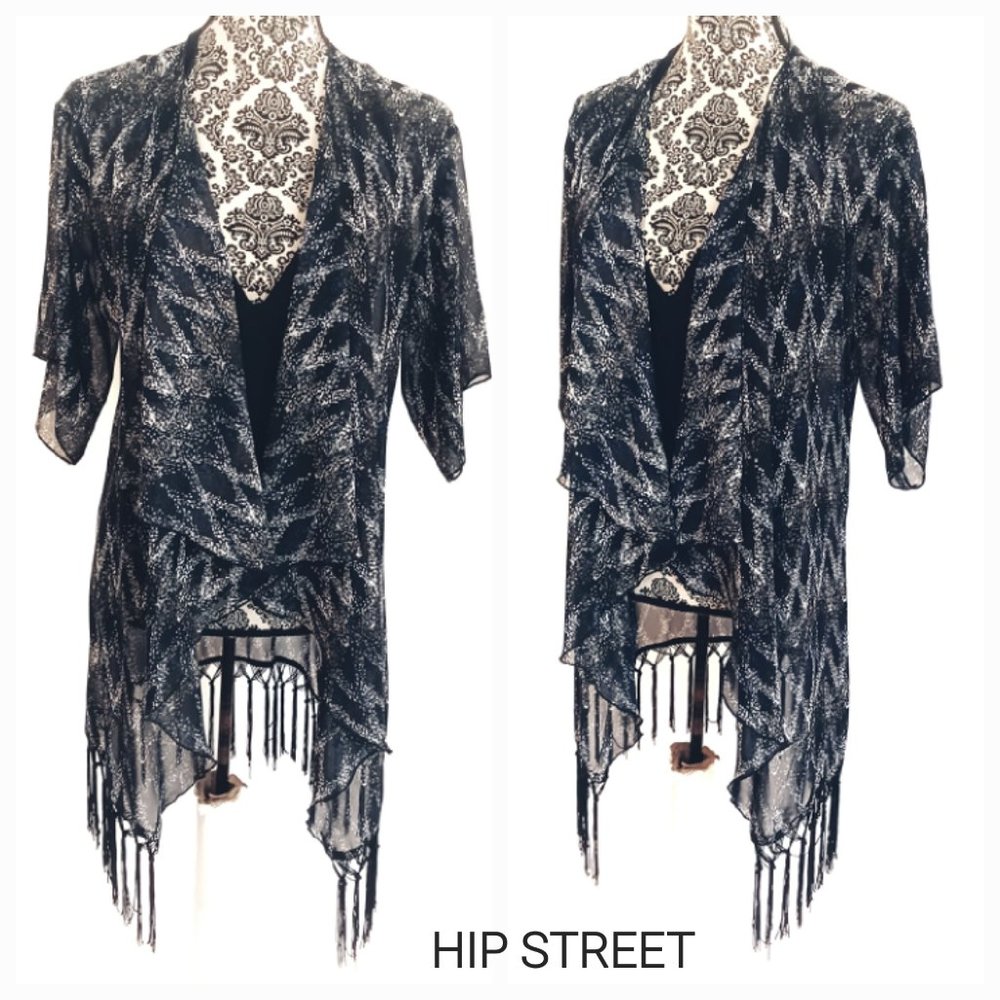 LULAROE Short Sleeve Flutter Front Long Tassel Hem Chiffon Jacket Coverup Top S